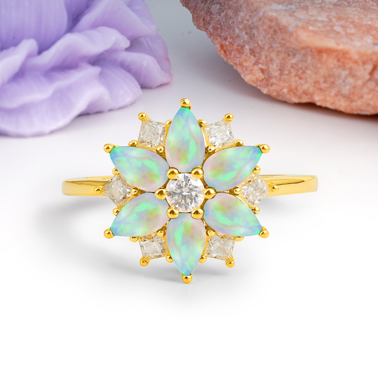 Classic Flower-Shaped 6-Prong Round Cut Fire Opal Engagement Ring - Additional view