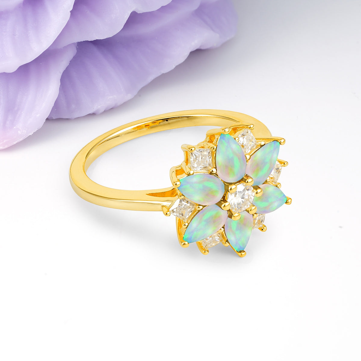 Classic Flower-Shaped 6-Prong Round Cut Fire Opal Engagement Ring - Additional view