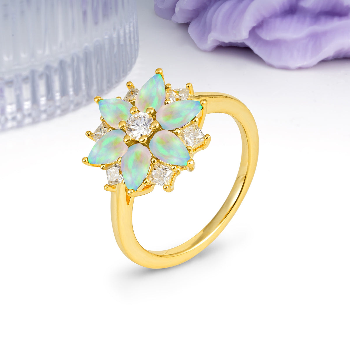 Classic Flower-Shaped 6-Prong Round Cut Fire Opal Engagement Ring - Additional view