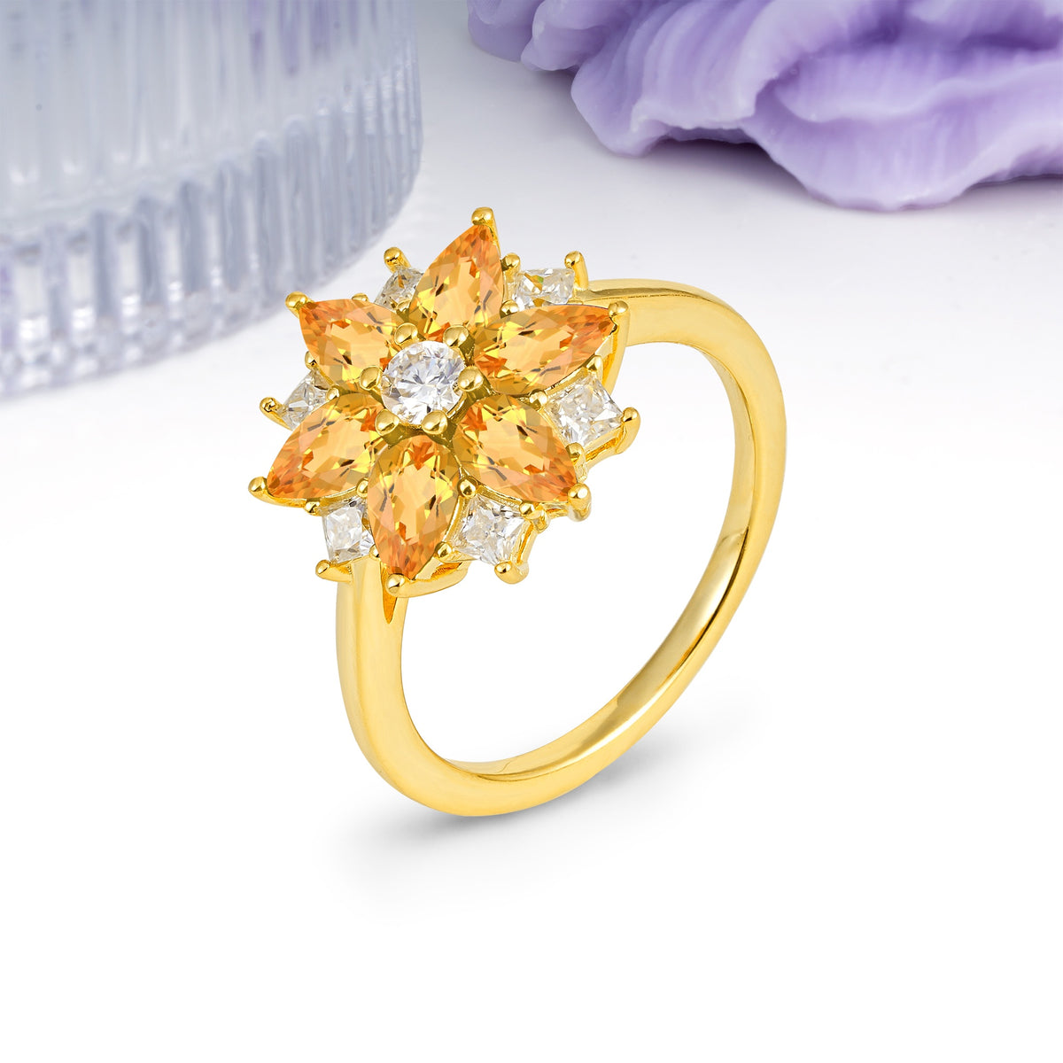 Classic Flower-Shaped 6-Prong Round Cut Citrine Engagement Ring - Additional view