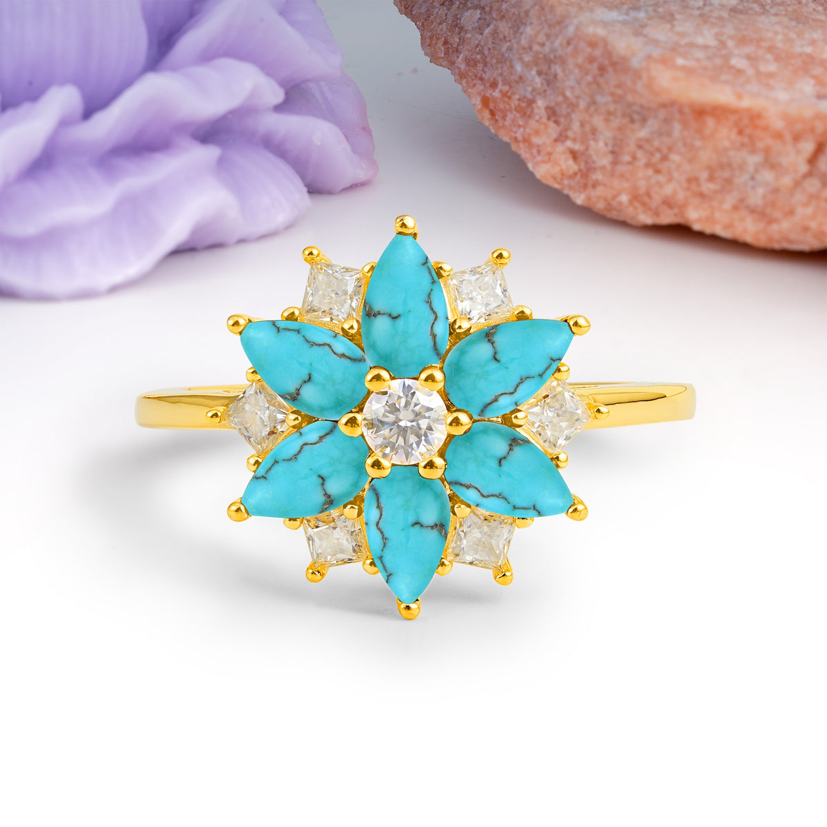 Classic Flower-Shaped 6-Prong Round Cut Turquoise Engagement Ring - Additional view