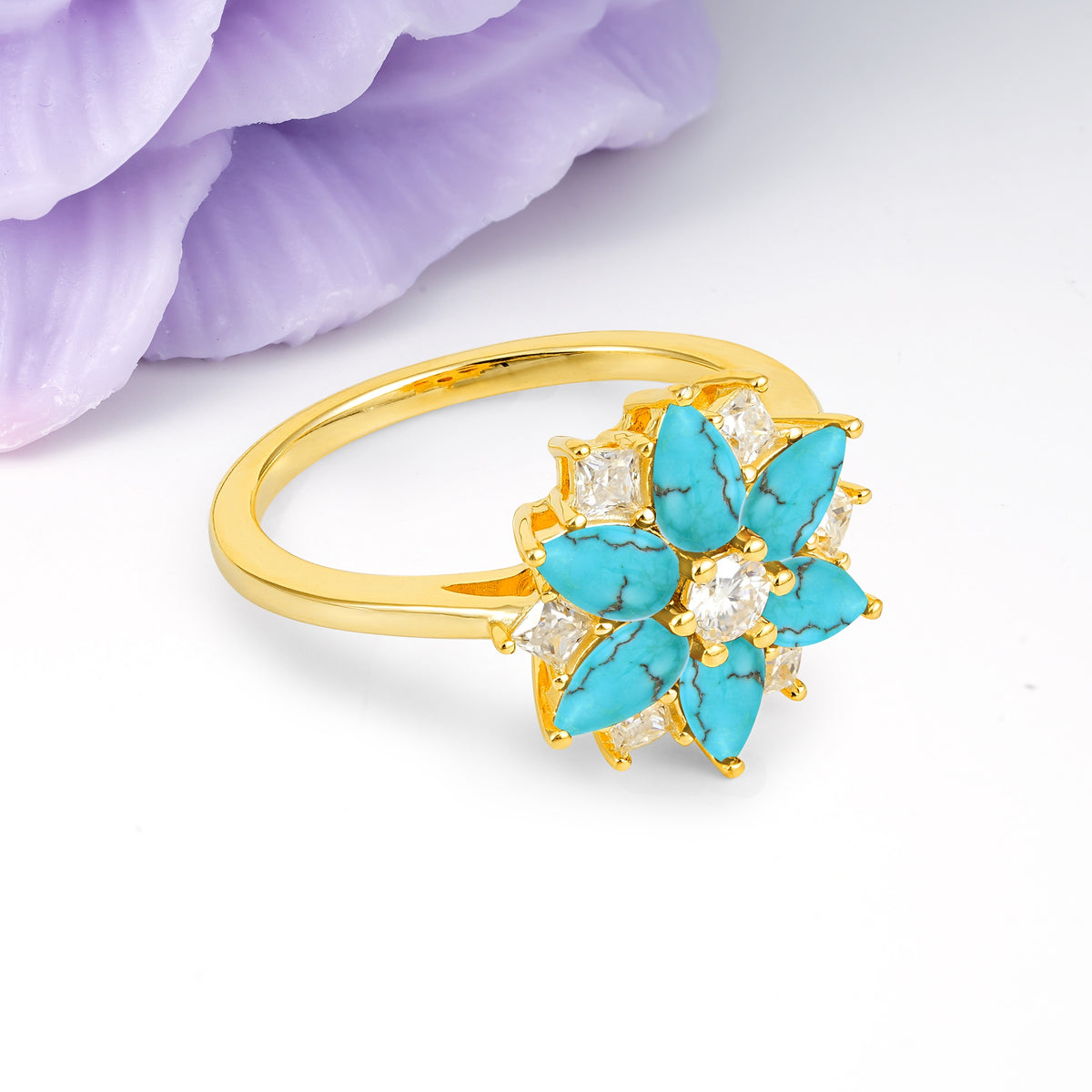 Classic Flower-Shaped 6-Prong Round Cut Turquoise Engagement Ring - Additional view