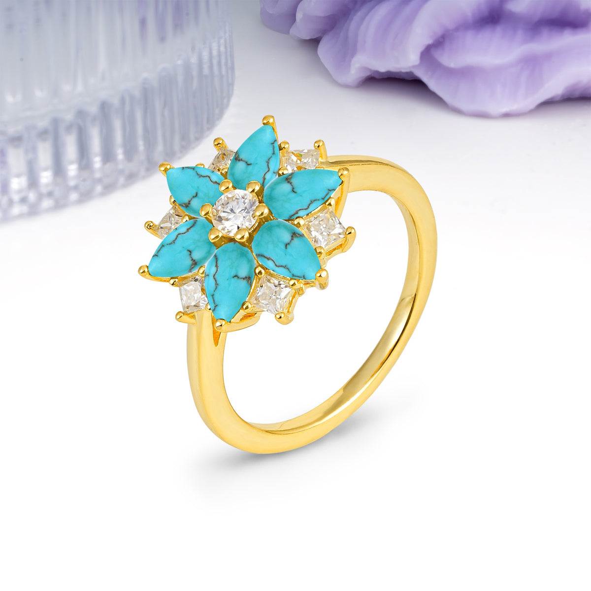 Classic Flower-Shaped 6-Prong Round Cut Turquoise Engagement Ring - Additional view