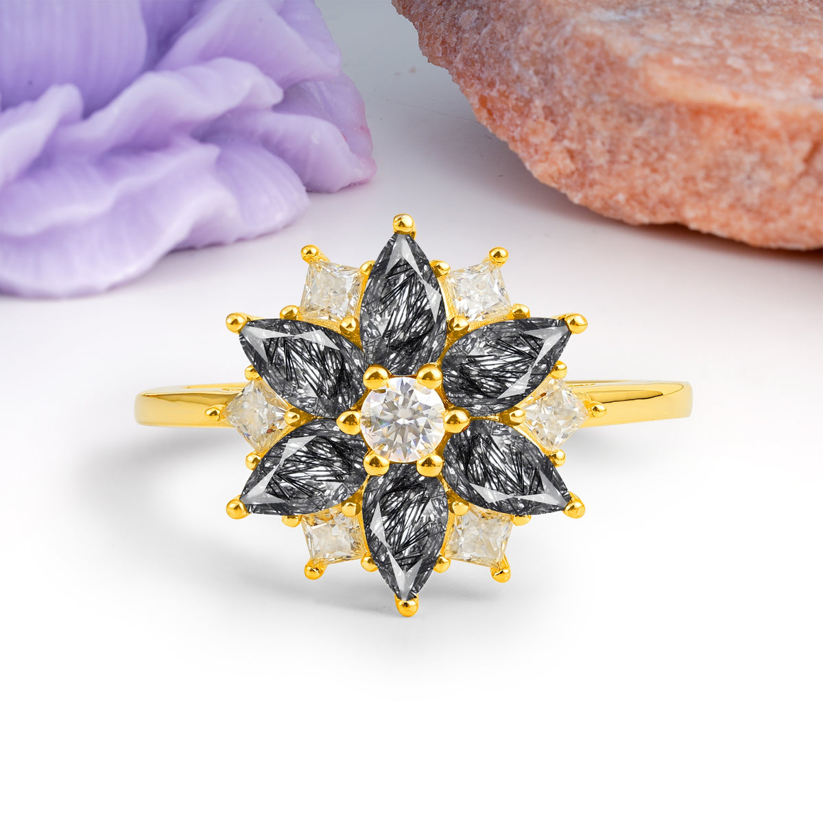 Classic Flower-Shaped 6-Prong Round Cut Black Rutilated Quartz Engagement Ring - Additional view