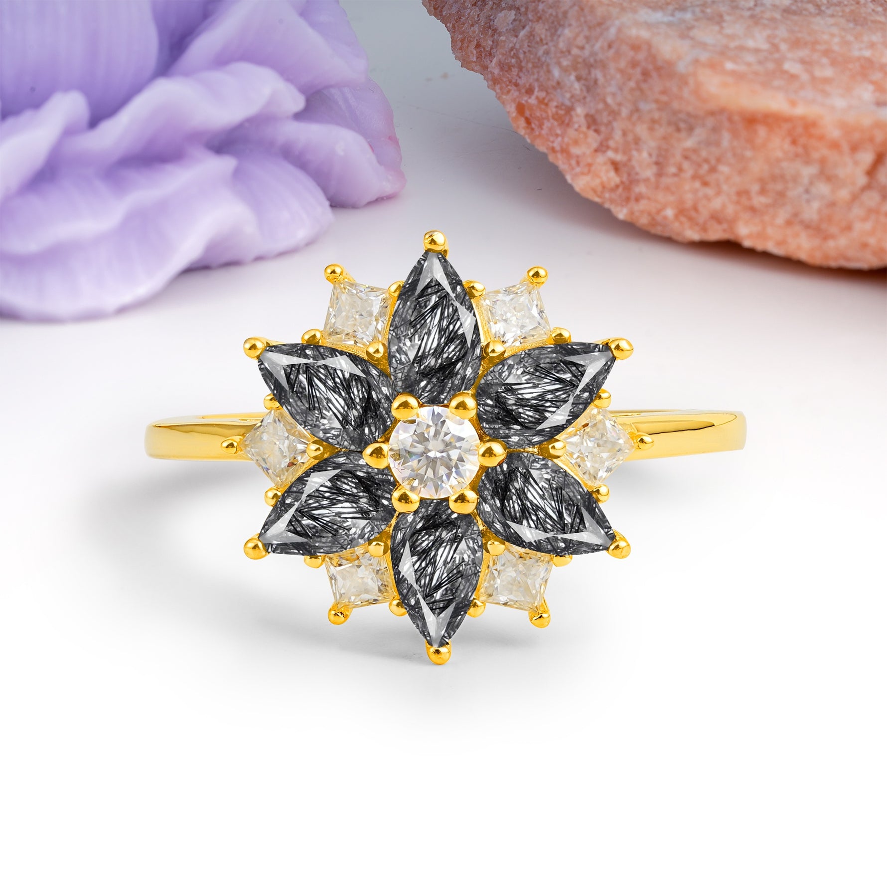 Classic Flower-Shaped 6-Prong Round Cut Black Rutilated Quartz Engagement Ring - Additional view