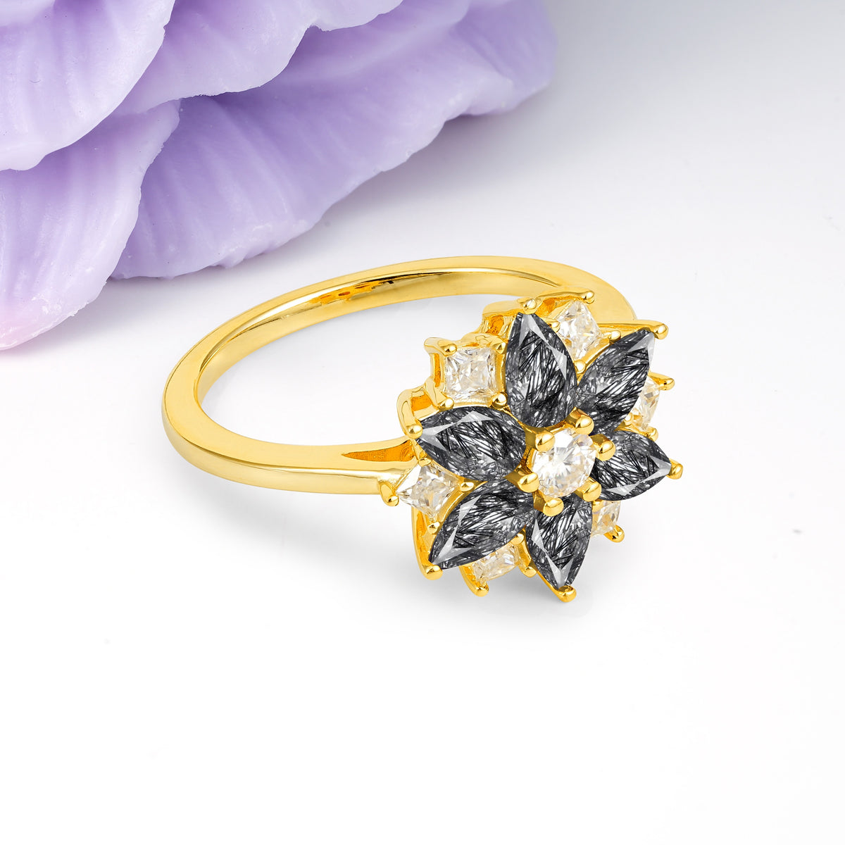 Classic Flower-Shaped 6-Prong Round Cut Black Rutilated Quartz Engagement Ring - Additional view