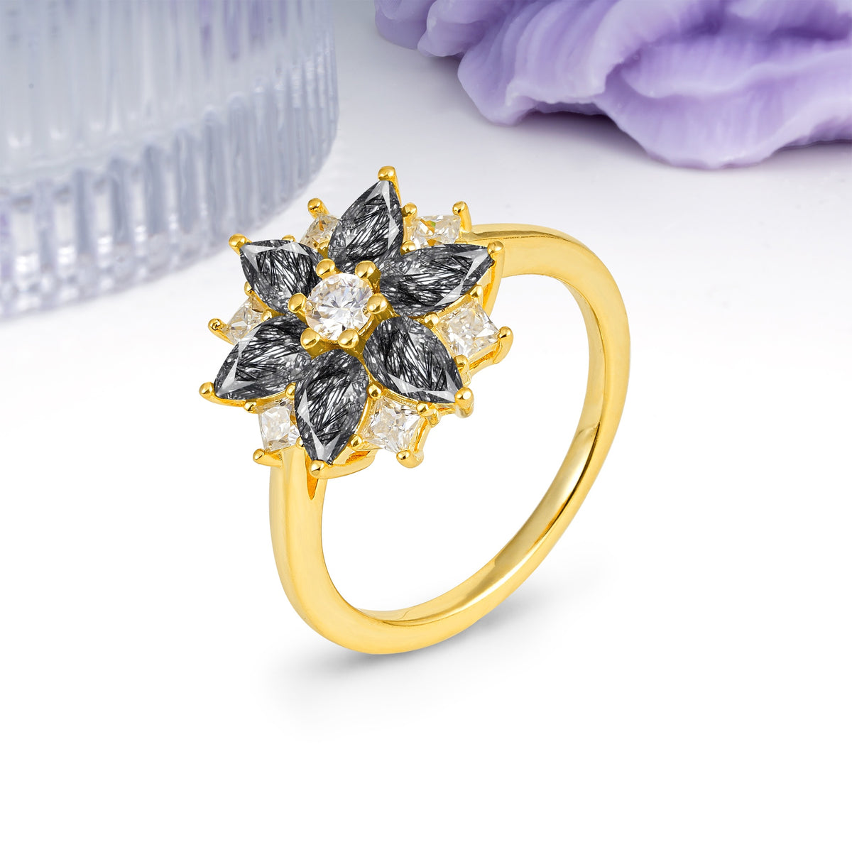 Classic Flower-Shaped 6-Prong Round Cut Black Rutilated Quartz Engagement Ring - Additional view