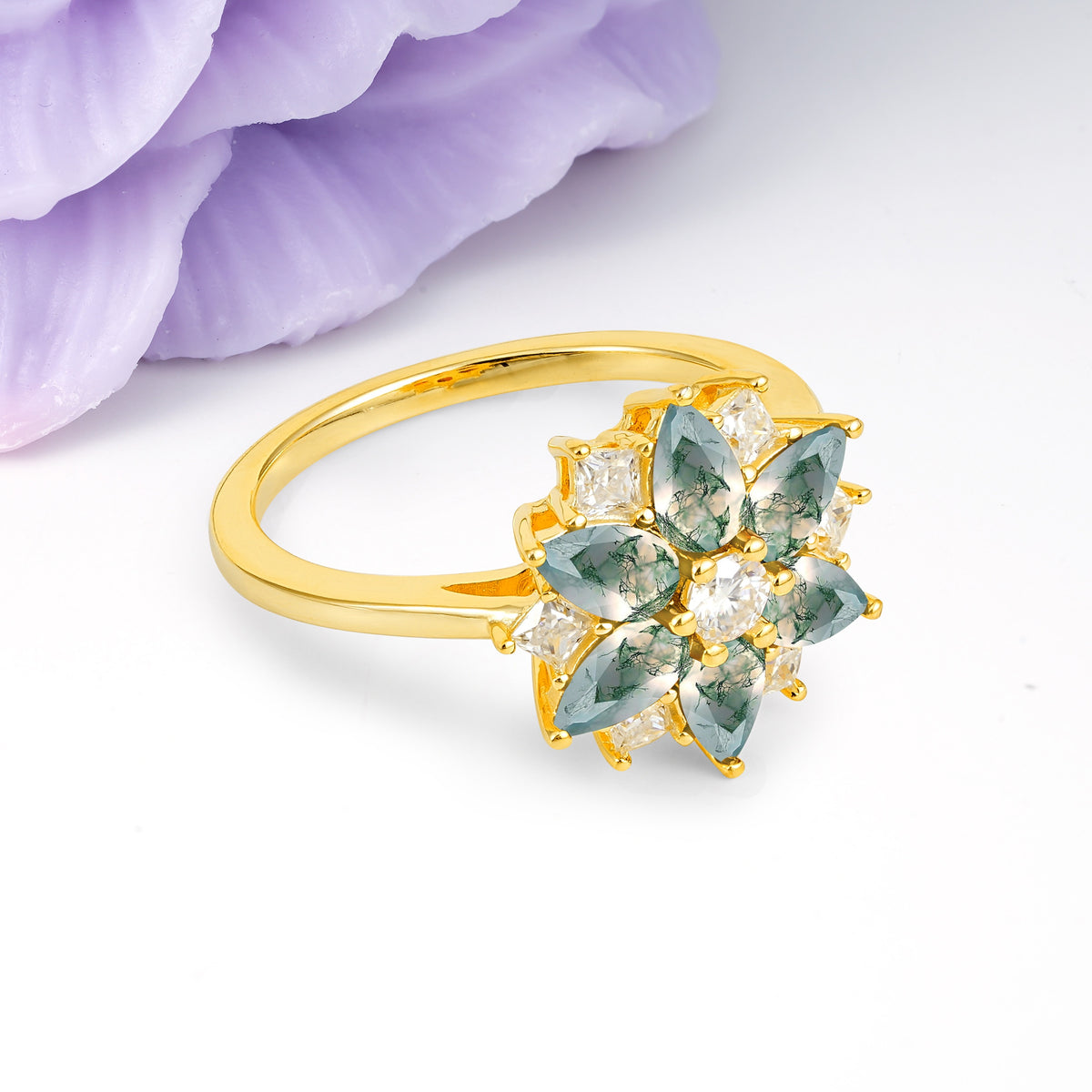 Classic Flower-Shaped 6-Prong Round Cut Moss Agate Engagement Ring - Additional view