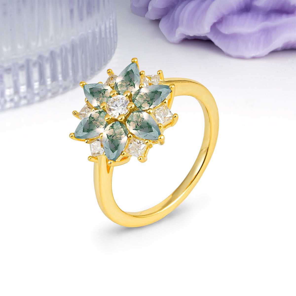 Classic Flower-Shaped 6-Prong Round Cut Moss Agate Engagement Ring - Additional view
