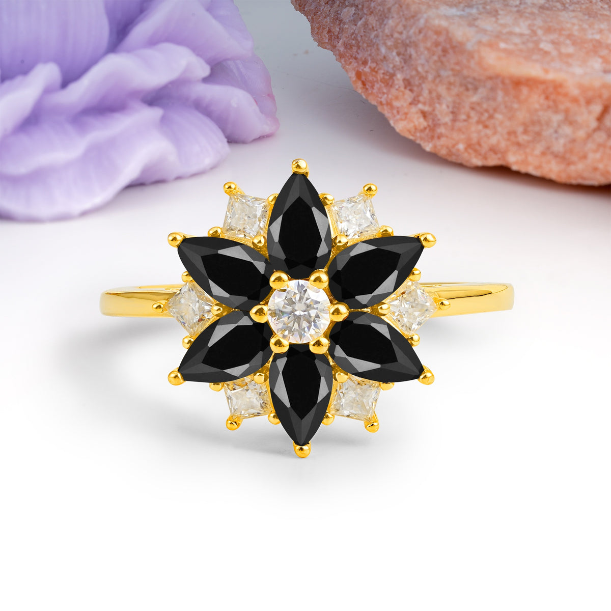 Classic Flower-Shaped 6-Prong Round Cut Black Onyx Engagement Ring - Additional view