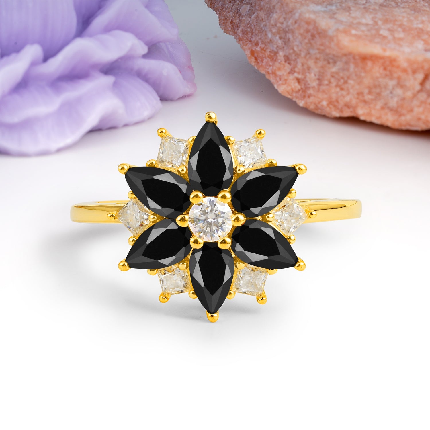 Classic Flower-Shaped 6-Prong Round Cut Black Onyx Engagement Ring - Additional view