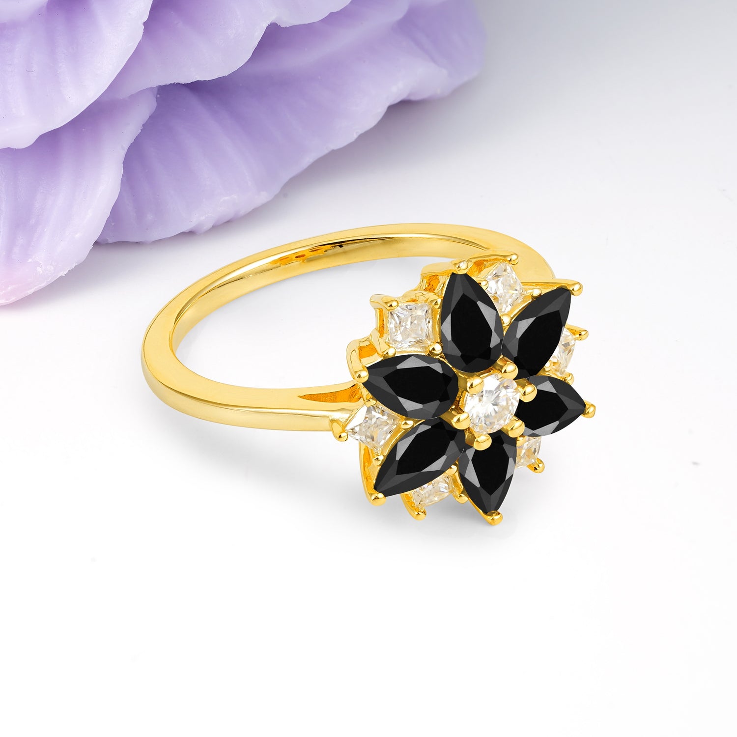 Classic Flower-Shaped 6-Prong Round Cut Black Onyx Engagement Ring - Additional view