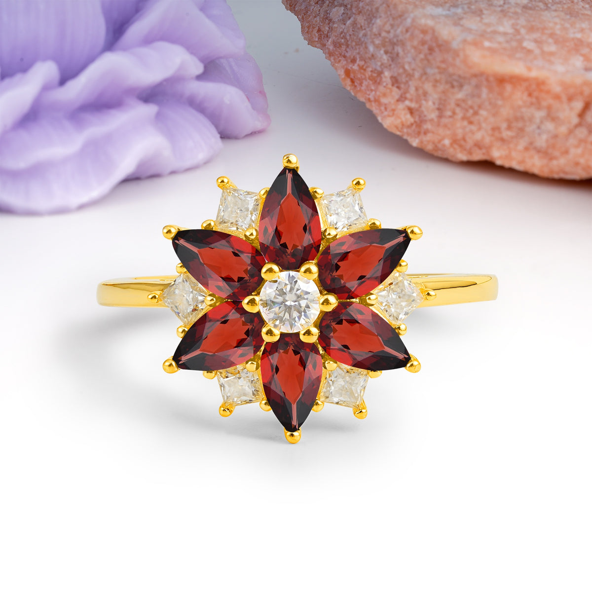 Classic Flower-Shaped 6-Prong Round Cut Garnet Engagement Ring - Additional view
