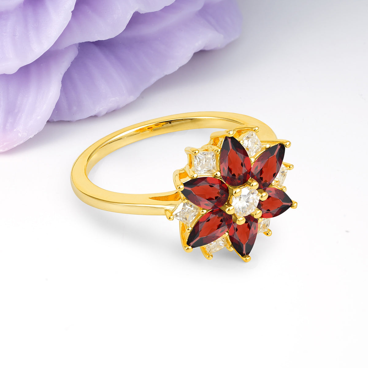 Classic Flower-Shaped 6-Prong Round Cut Garnet Engagement Ring - Additional view