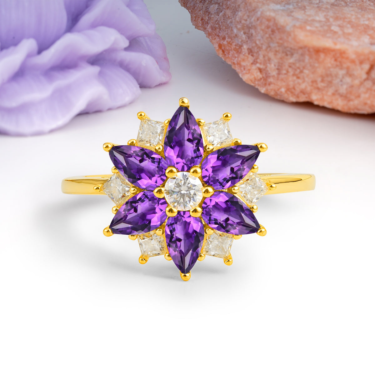 Classic Flower-Shaped 6-Prong Round Cut Amethyst Engagement Ring - Additional view