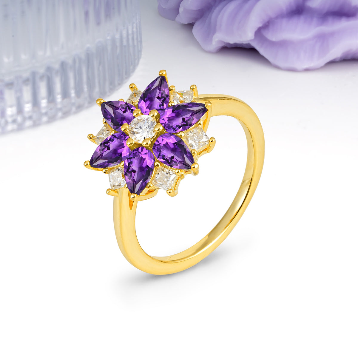 Classic Flower-Shaped 6-Prong Round Cut Amethyst Engagement Ring - Additional view