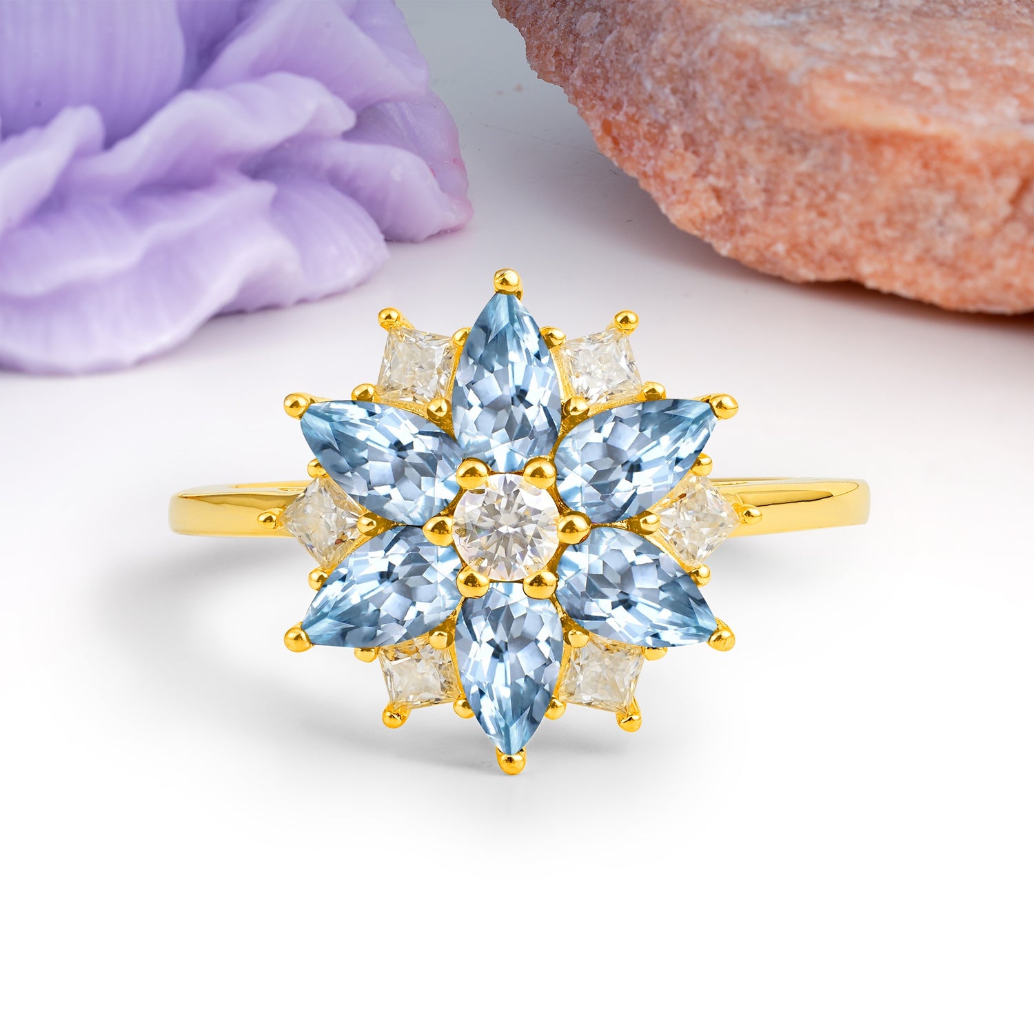 Classic Flower-Shaped 6-Prong Round Cut Aquamarine Engagement Ring - Additional view
