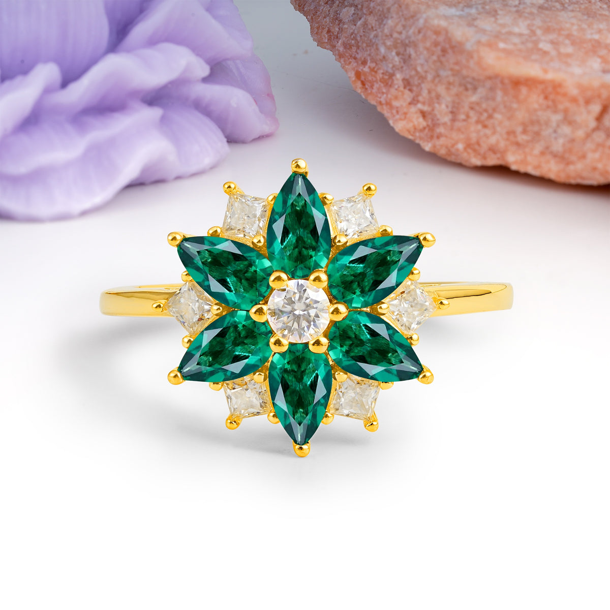 Classic Flower-Shaped 6-Prong Round Cut Emerald Engagement Ring - Additional view