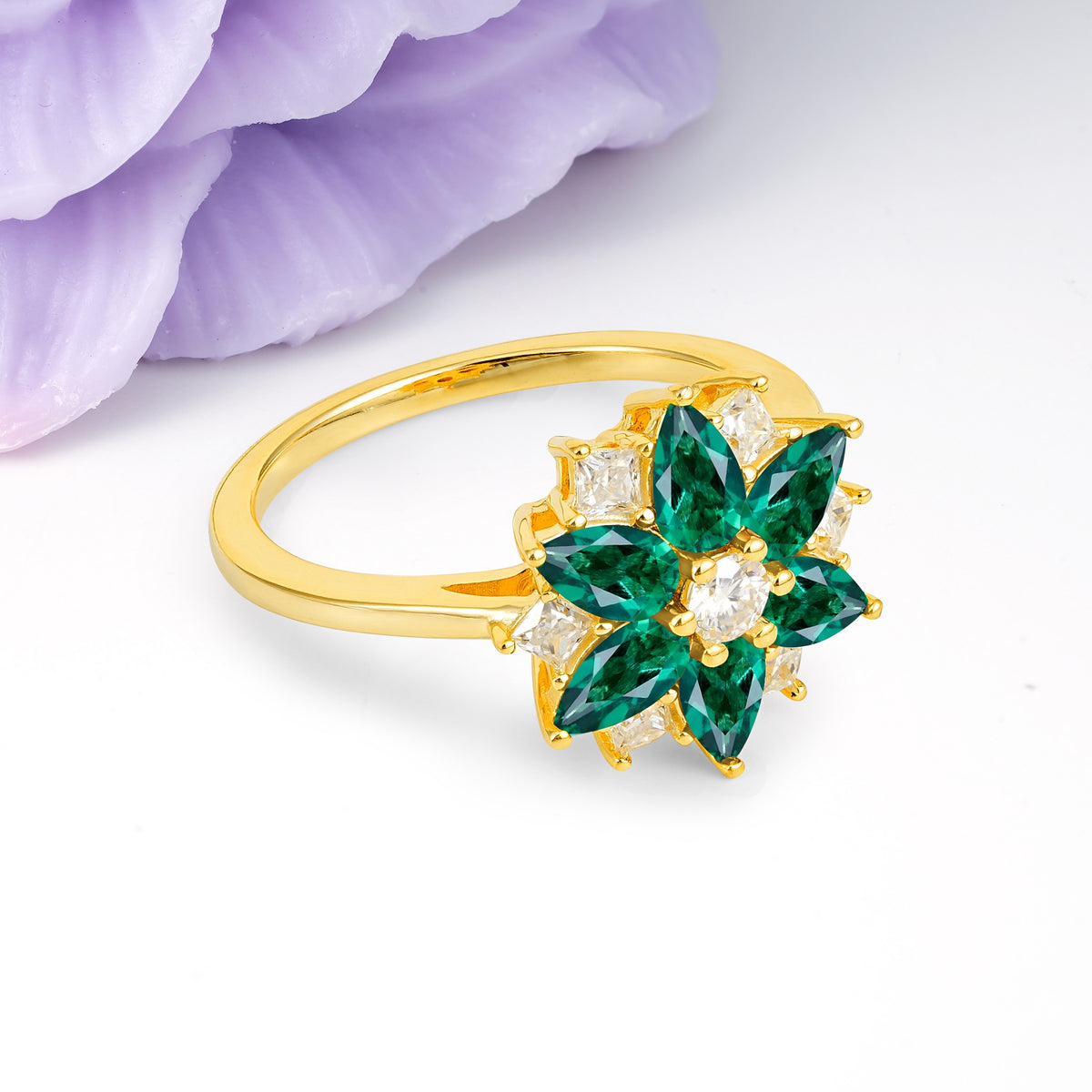 Classic Flower-Shaped 6-Prong Round Cut Emerald Engagement Ring - Additional view
