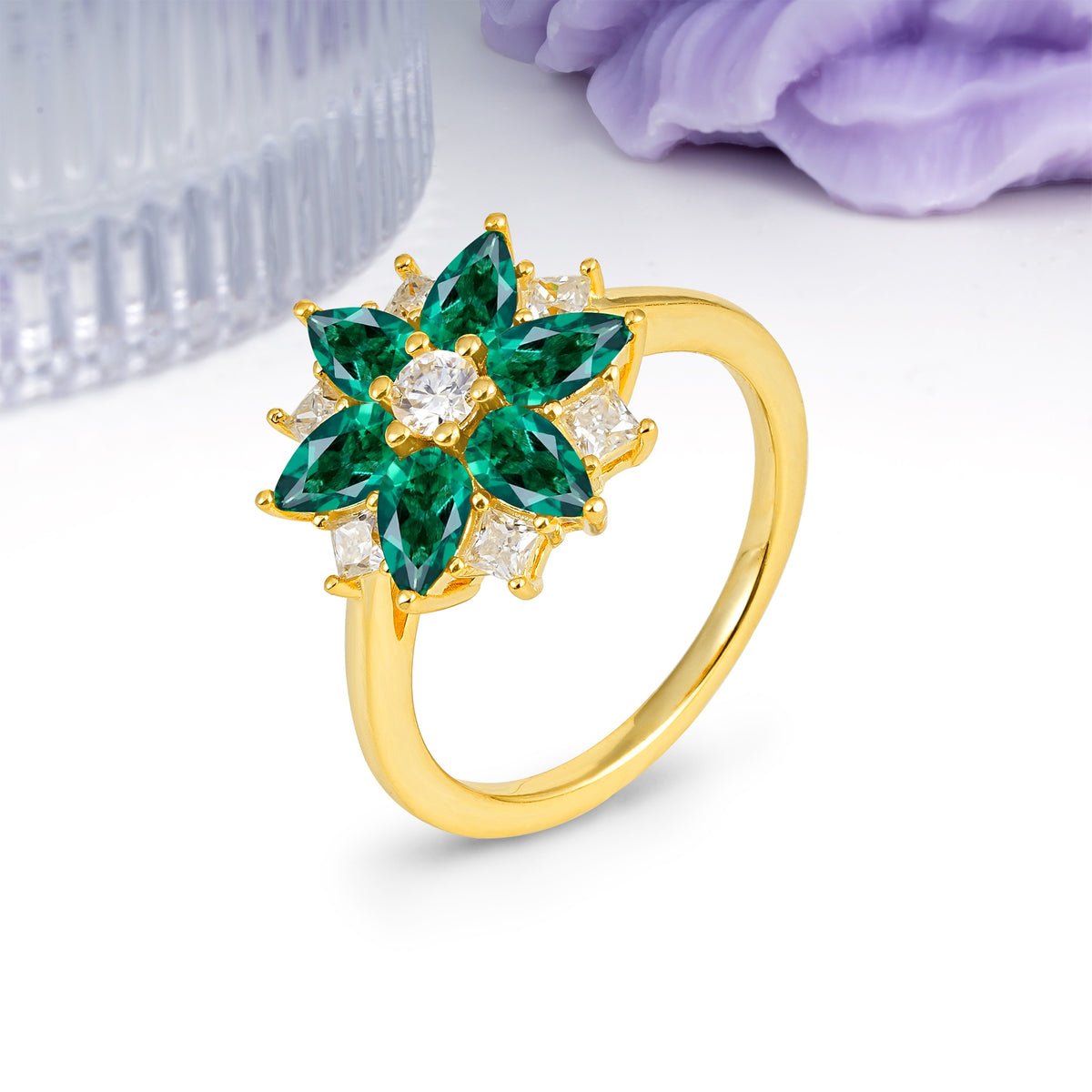 Classic Flower-Shaped 6-Prong Round Cut Emerald Engagement Ring - Additional view