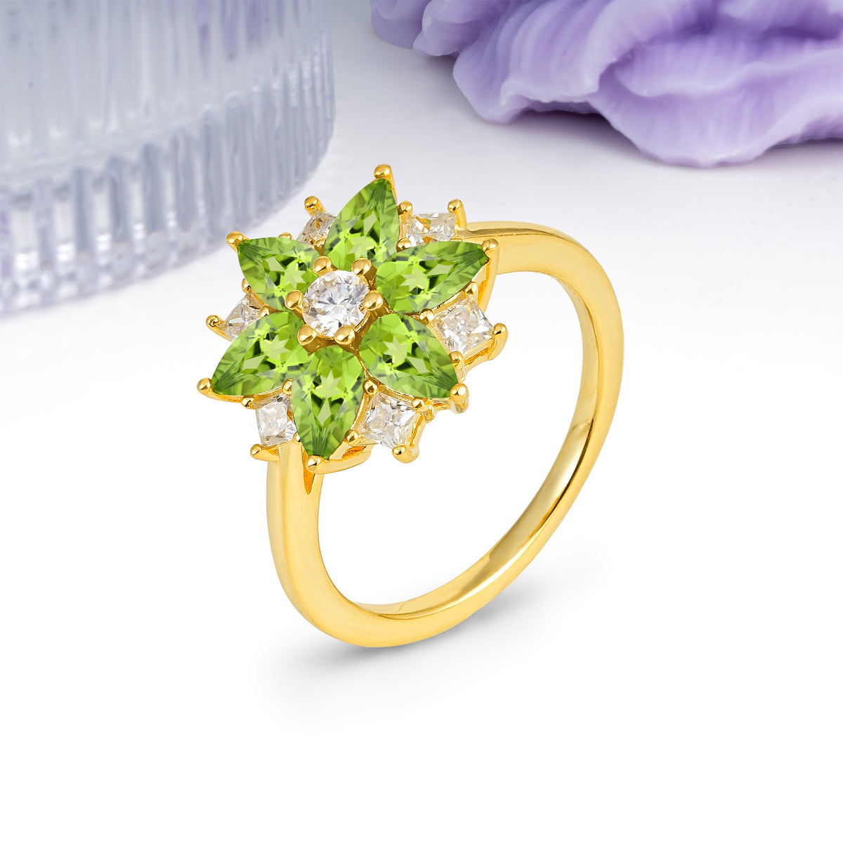 Classic Flower-Shaped 6-Prong Round Cut Peridot Engagement Ring - Additional view