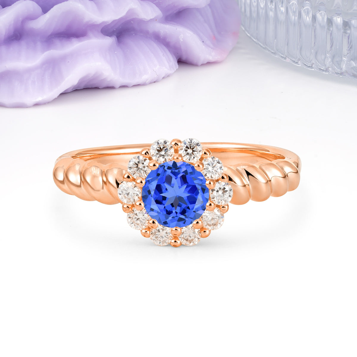 Classic Flower-Shaped 10-Prong Round Cut Sapphire Engagement Ring - Additional view