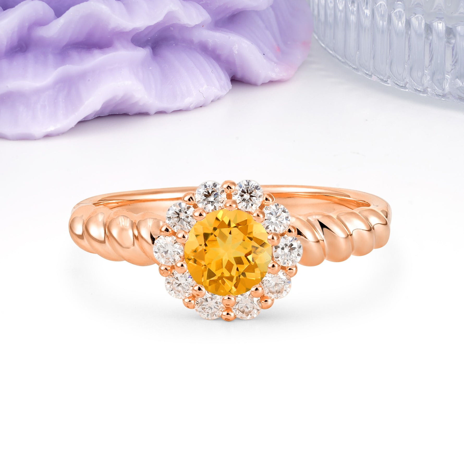 Classic Flower-Shaped 10-Prong Round Cut Citrine Engagement Ring - Additional view