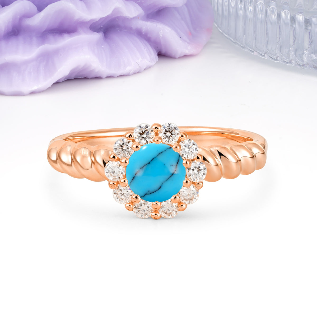 Classic Flower-Shaped 10-Prong Round Cut Turquoise Engagement Ring - Additional view
