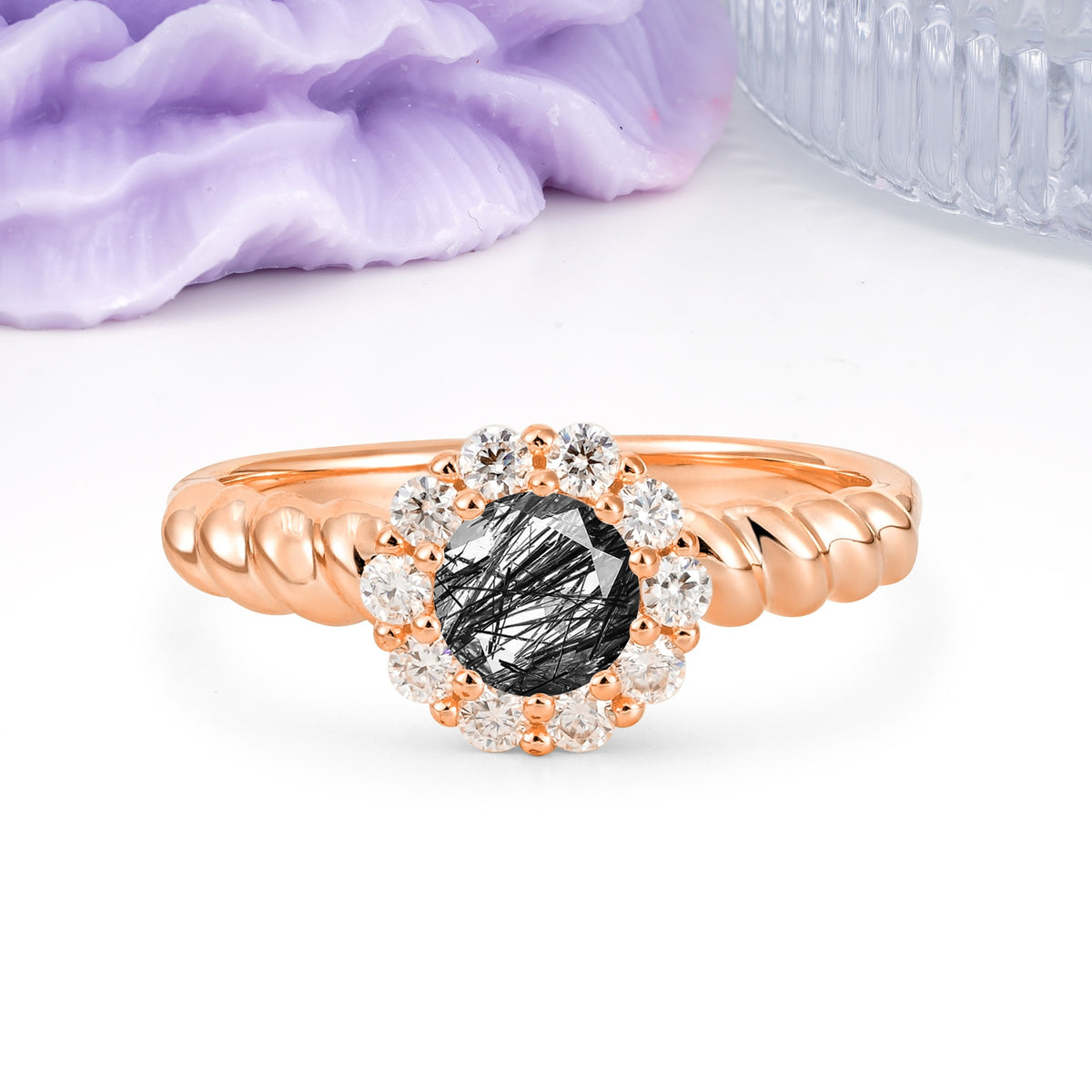 Classic Flower-Shaped 10-Prong Round Cut Black Rutilated Quartz Engagement Ring - Additional view