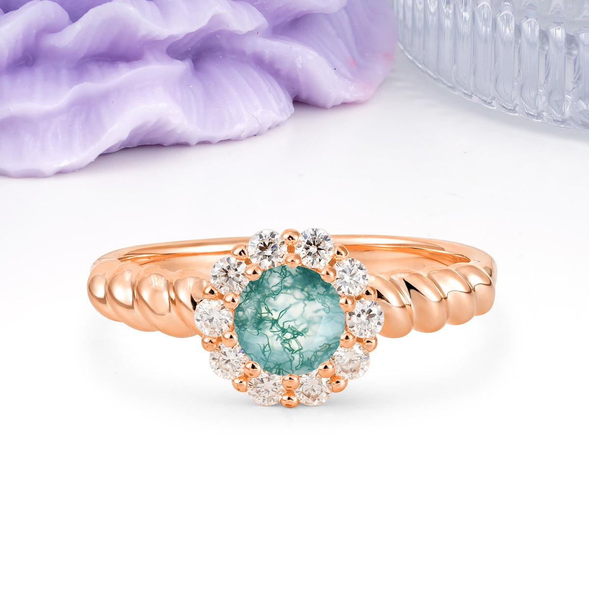 Classic Flower-Shaped 10-Prong Round Cut Moss Agate Engagement Ring - Additional view