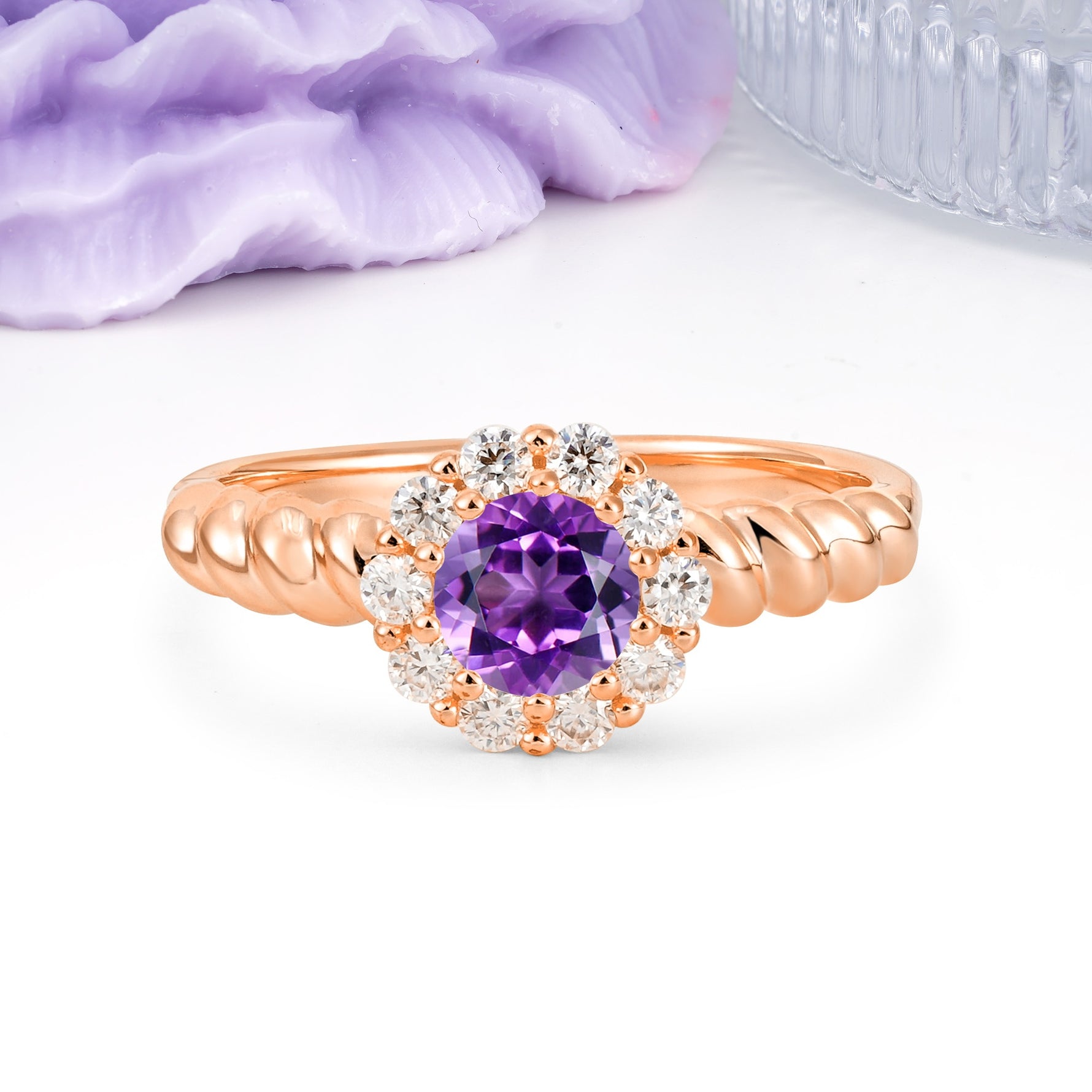 Classic Flower-Shaped 10-Prong Round Cut Amethyst Engagement Ring - Additional view