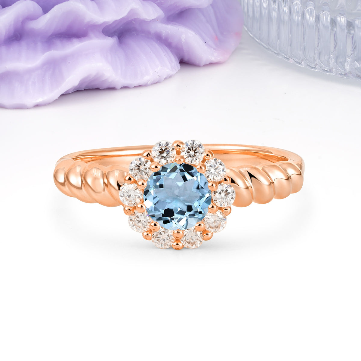Classic Flower-Shaped 10-Prong Round Cut Aquamarine Engagement Ring - Additional view