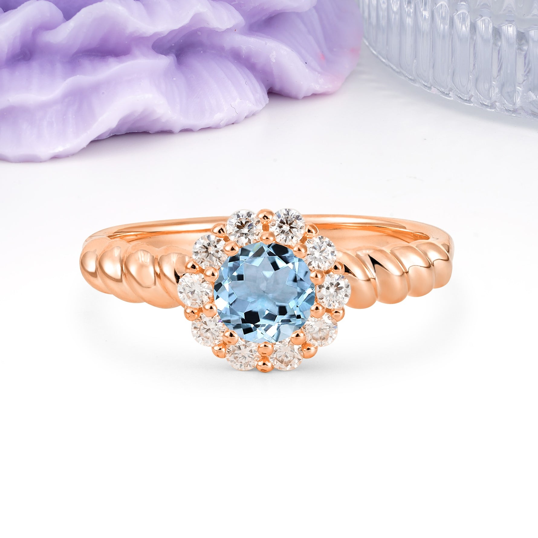 Classic Flower-Shaped 10-Prong Round Cut Aquamarine Engagement Ring - Additional view