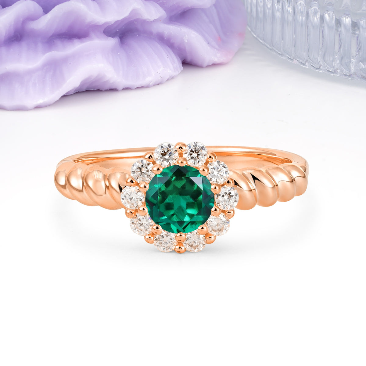 Classic Flower-Shaped 10-Prong Round Cut Emerald Engagement Ring - Additional view