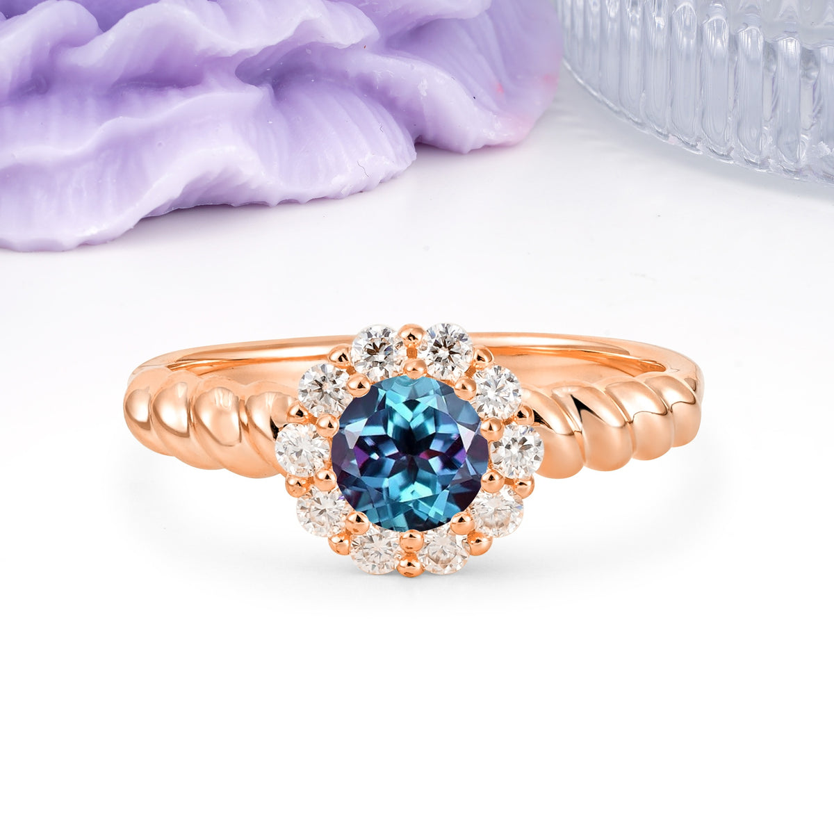 Classic Flower-Shaped 10-Prong Round Cut Alexandrite Engagement Ring - Additional view