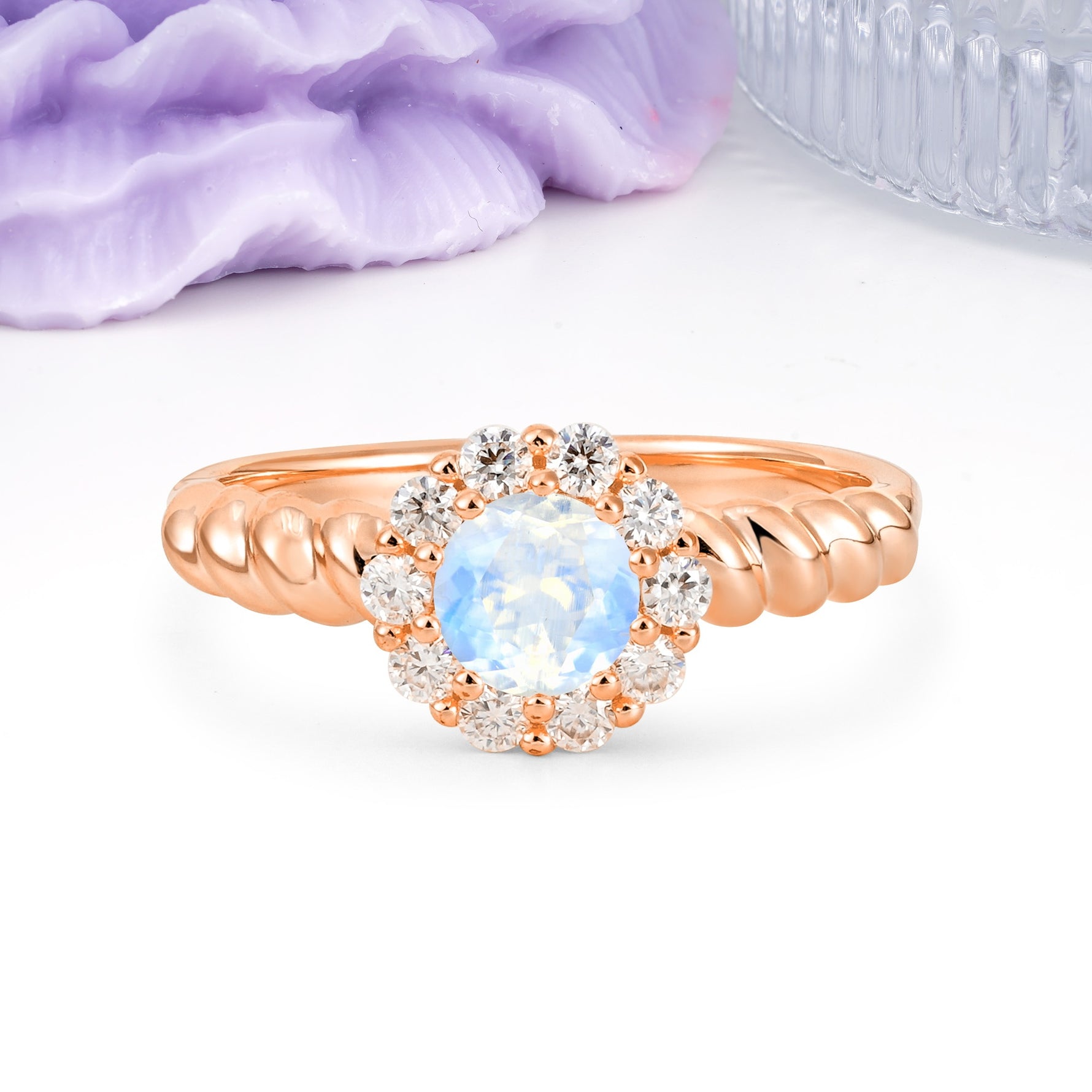 Classic Flower-Shaped 10-Prong Round Cut Moonstone Engagement Ring - Additional view