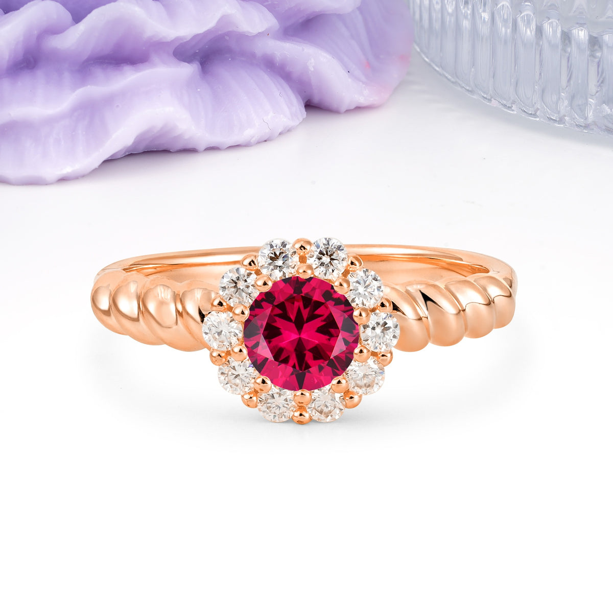 Classic Flower-Shaped 10-Prong Round Cut Ruby Engagement Ring - Additional view