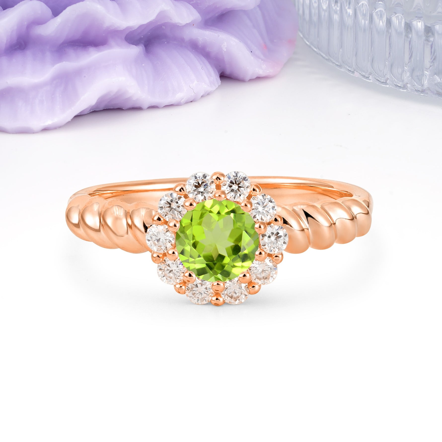 Classic Flower-Shaped 10-Prong Round Cut Peridot Engagement Ring - Additional view