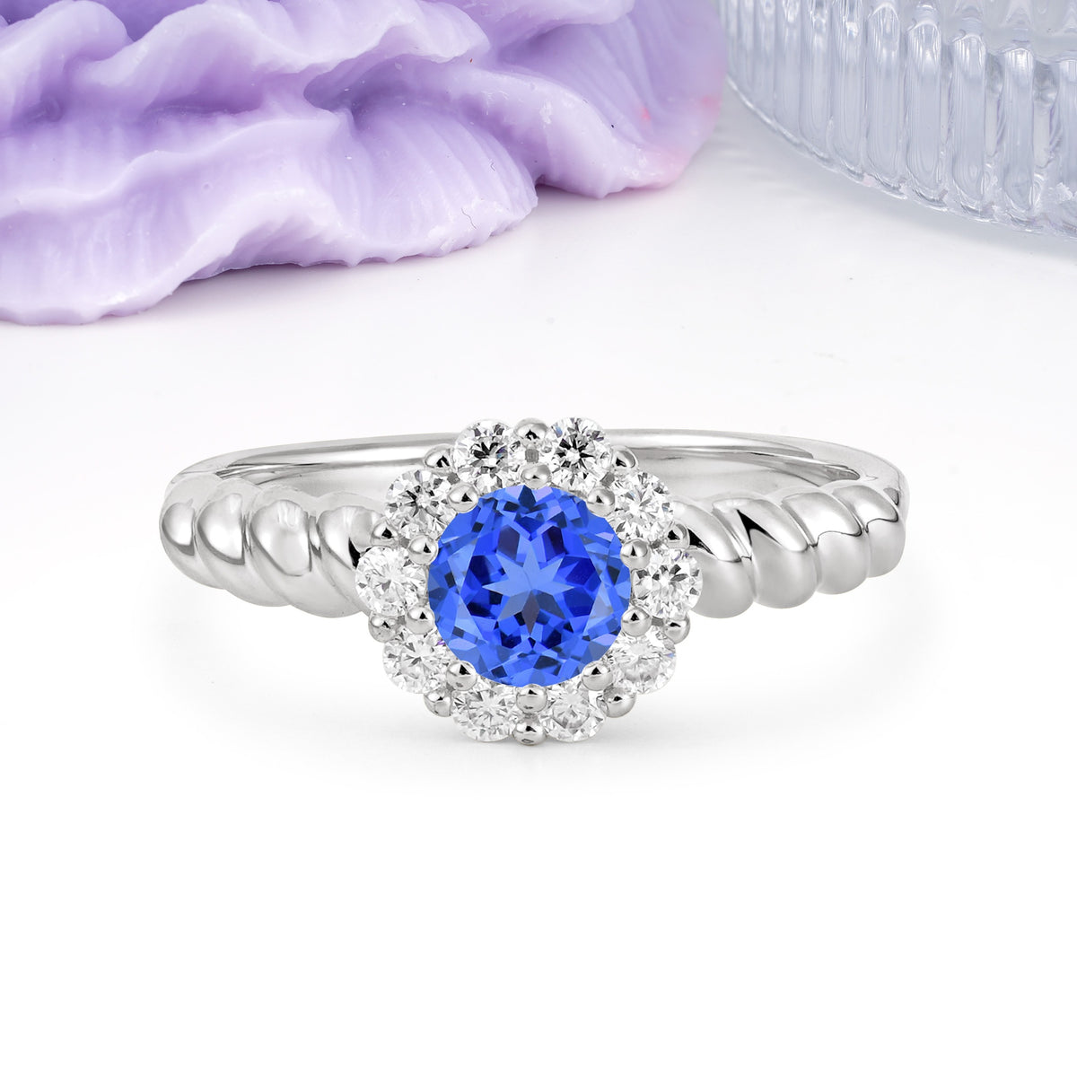 Classic Flower-Shaped 10-Prong Round Cut Sapphire Engagement Ring - Additional view