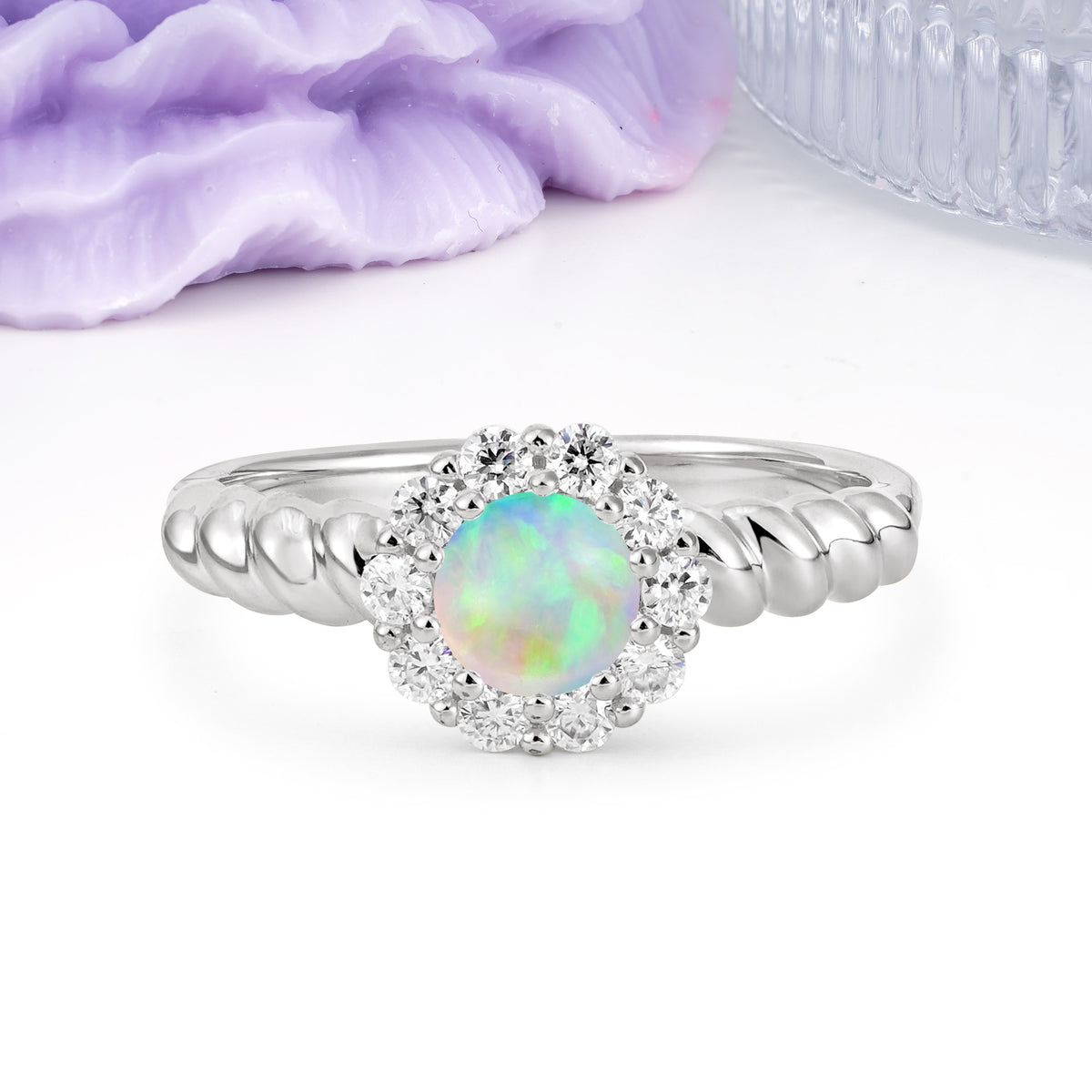 Classic Flower-Shaped 10-Prong Round Cut Fire Opal Engagement Ring - Additional view