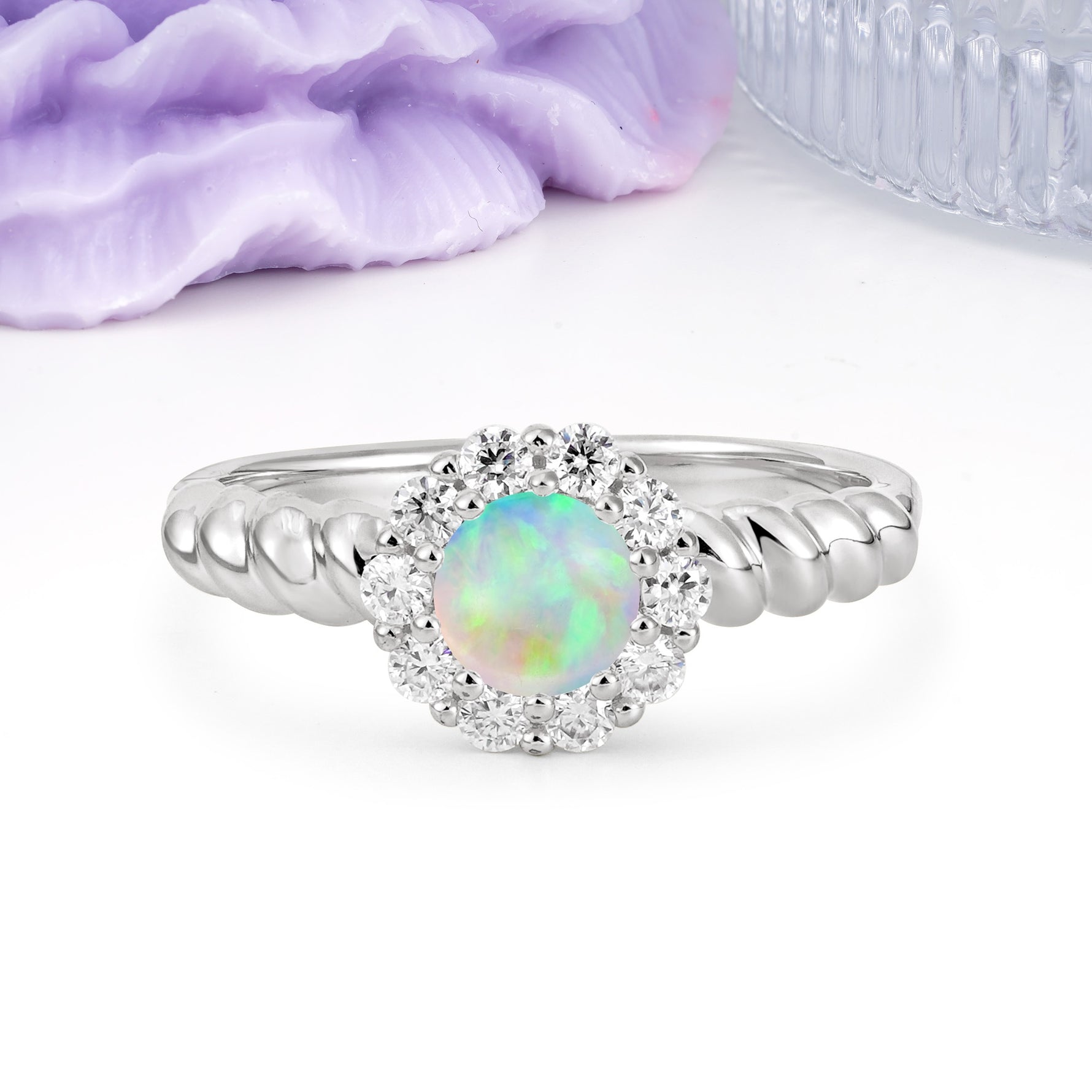 Classic Flower-Shaped 10-Prong Round Cut Fire Opal Engagement Ring - Additional view