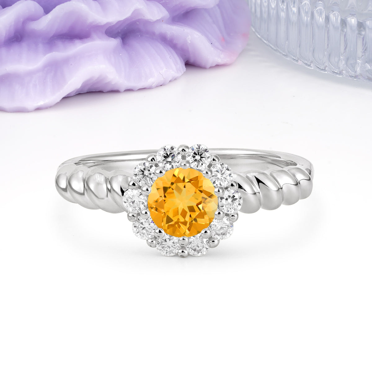 Classic Flower-Shaped 10-Prong Round Cut Citrine Engagement Ring - Additional view