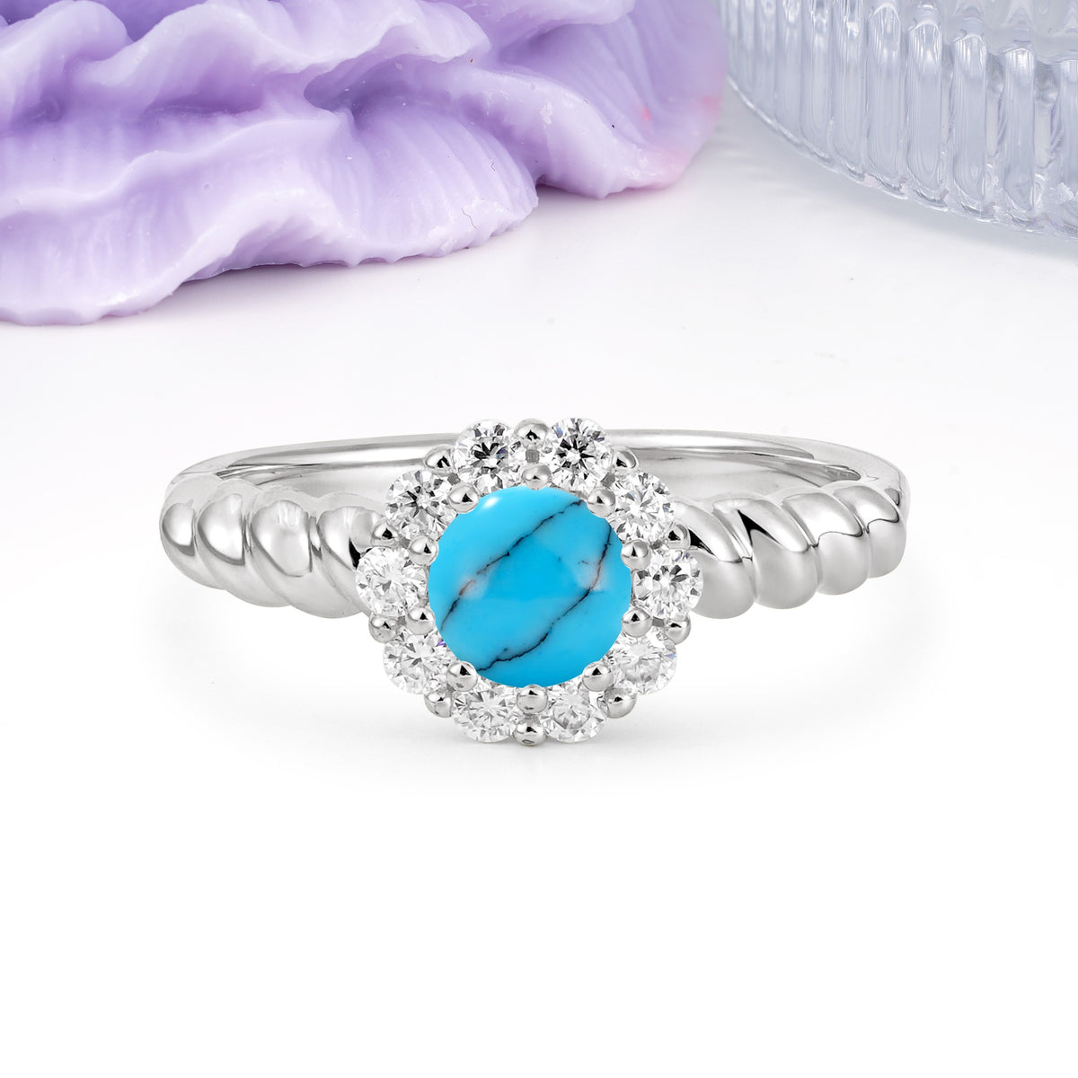 Classic Flower-Shaped 10-Prong Round Cut Turquoise Engagement Ring - Additional view