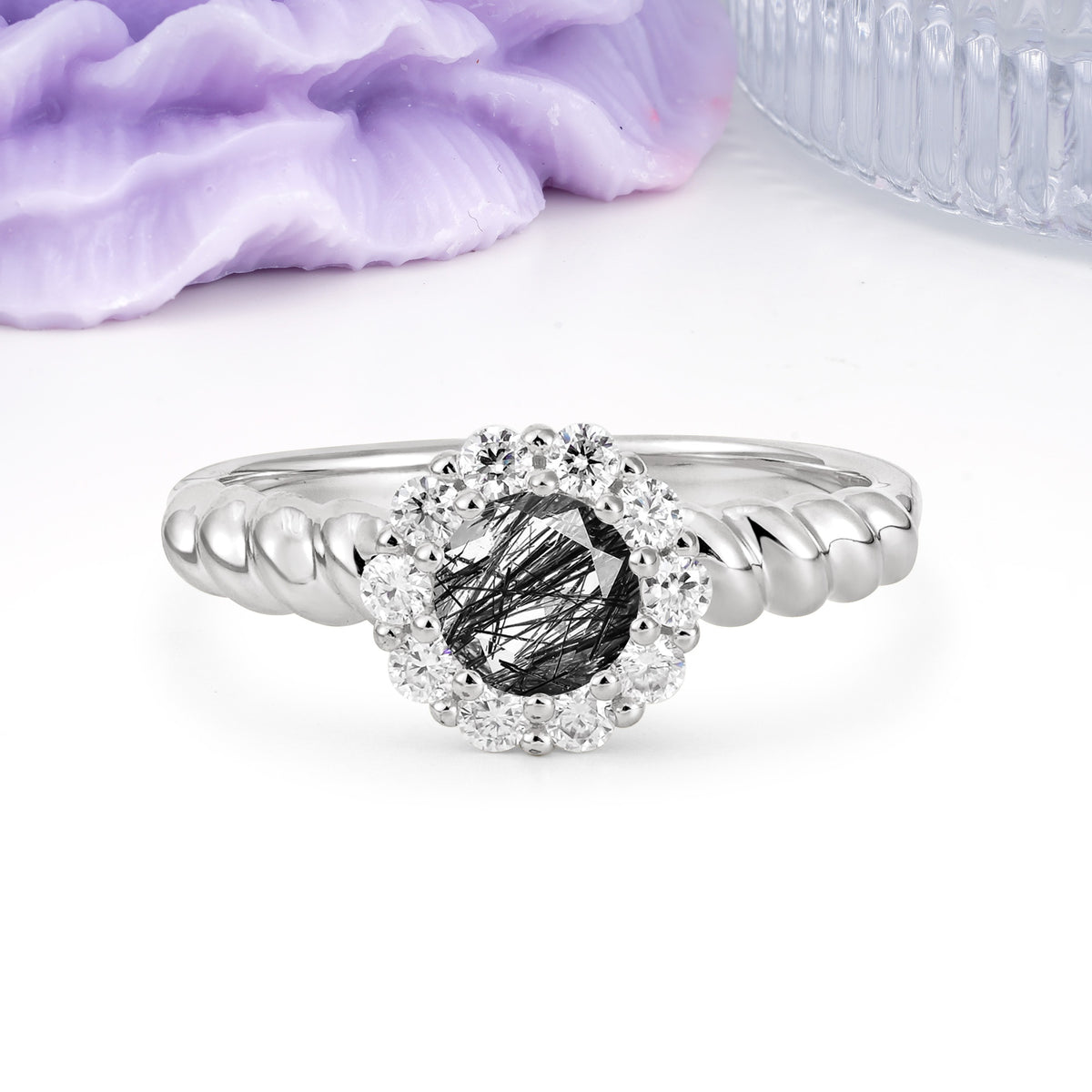 Classic Flower-Shaped 10-Prong Round Cut Black Rutilated Quartz Engagement Ring - Additional view