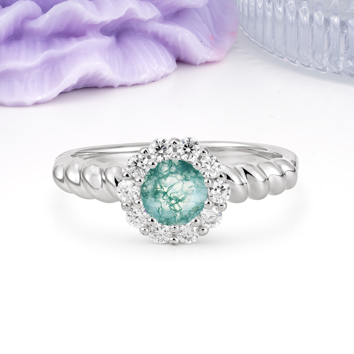 Classic Flower-Shaped 10-Prong Round Cut Moss Agate Engagement Ring - Additional view