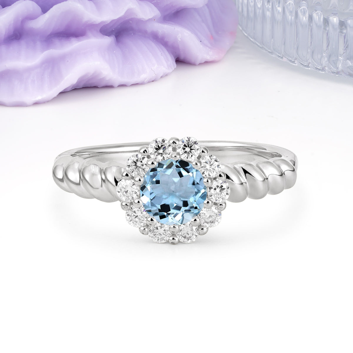 Classic Flower-Shaped 10-Prong Round Cut Aquamarine Engagement Ring - Additional view