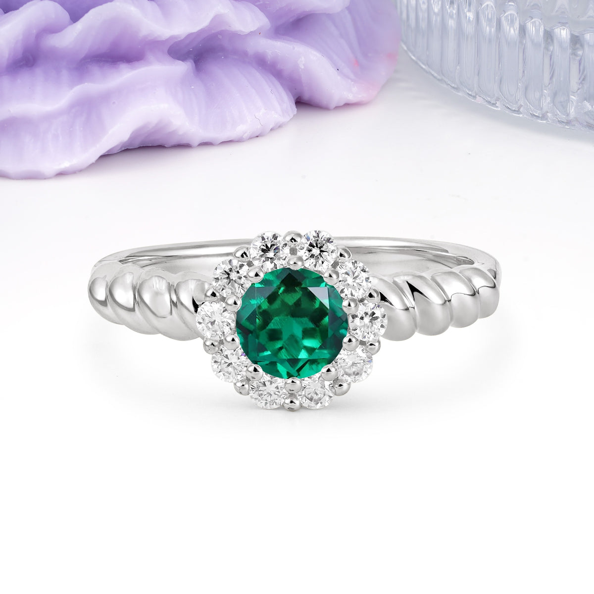Classic Flower-Shaped 10-Prong Round Cut Emerald Engagement Ring - Additional view