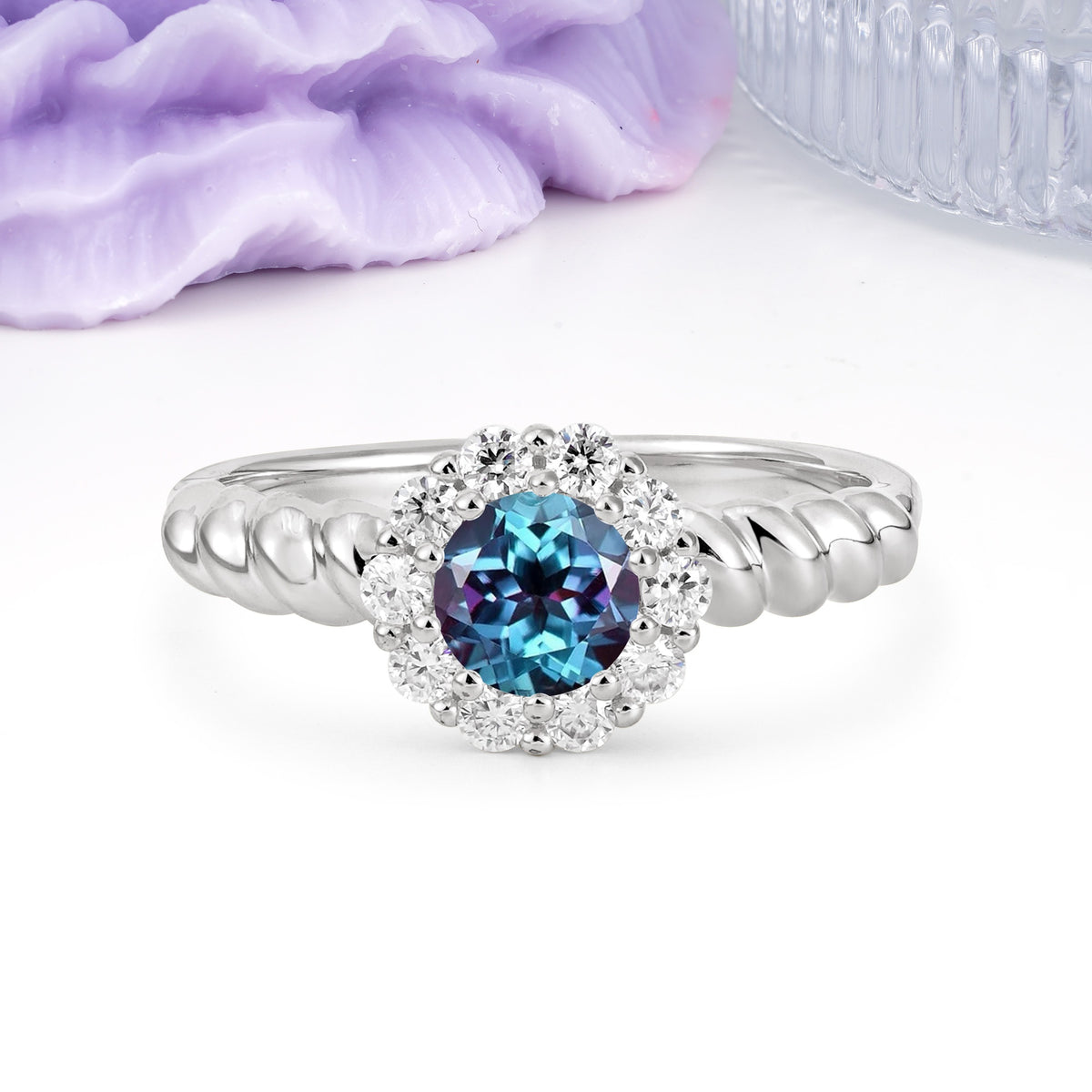Classic Flower-Shaped 10-Prong Round Cut Alexandrite Engagement Ring - Additional view