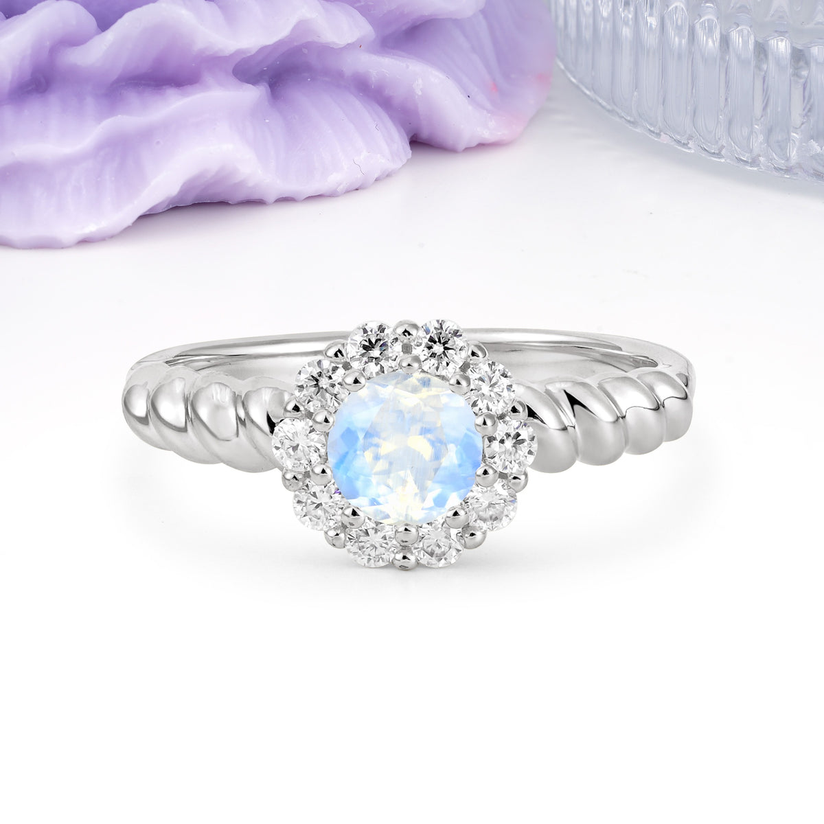 Classic Flower-Shaped 10-Prong Round Cut Moonstone Engagement Ring - Additional view
