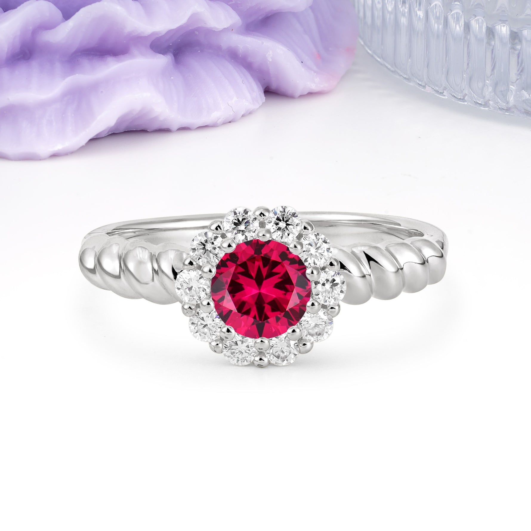 Classic Flower-Shaped 10-Prong Round Cut Ruby Engagement Ring - Additional view